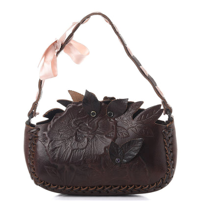 Valentino Garavani Calfskin Braided Bow Flower Floral Shoulder Bag Brown 1 of 10