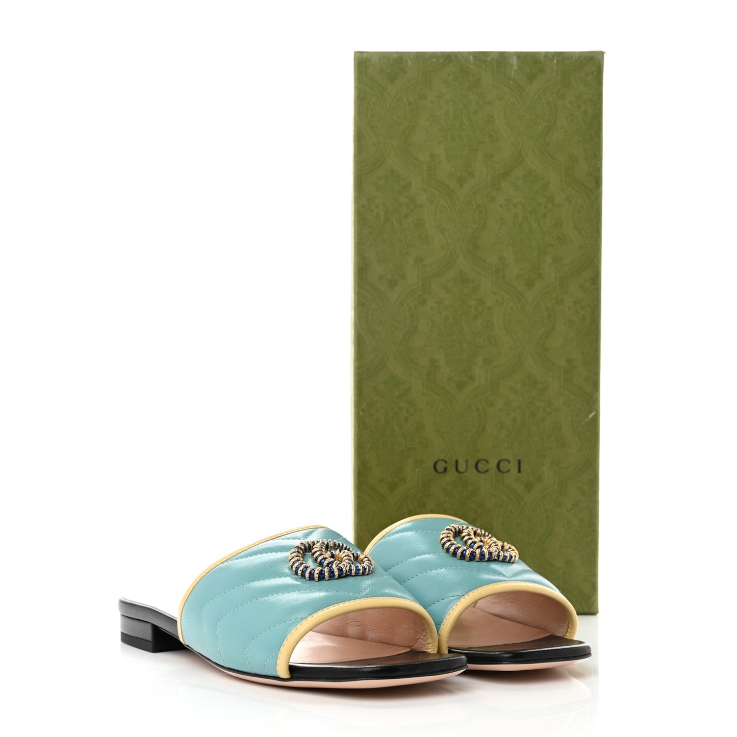 Malaga Kid Matelasse Enamel GG Marmont Flat Slide Sandals 35.5 35.5 Dusty Azure Burro