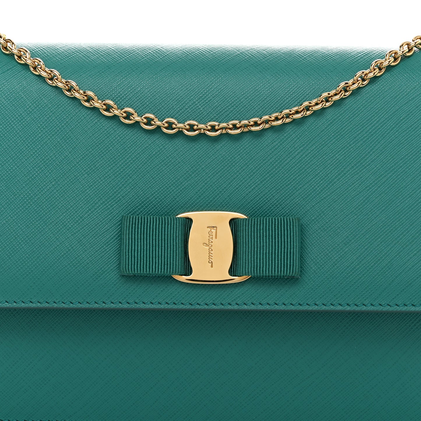 Printed Calfskin Vara Bow Chain Flap Crossbody Teal