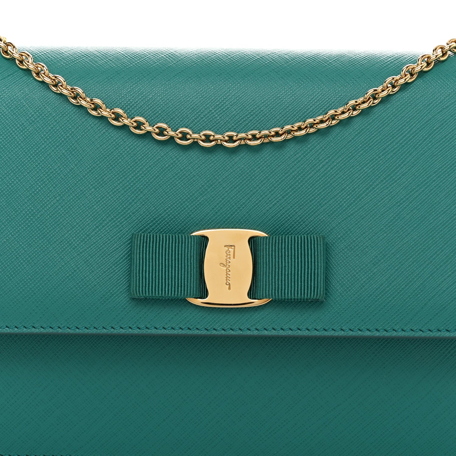 Salvatore Ferragamo Printed Calfskin Vara Bow Chain Flap Crossbody Teal 8 of 10