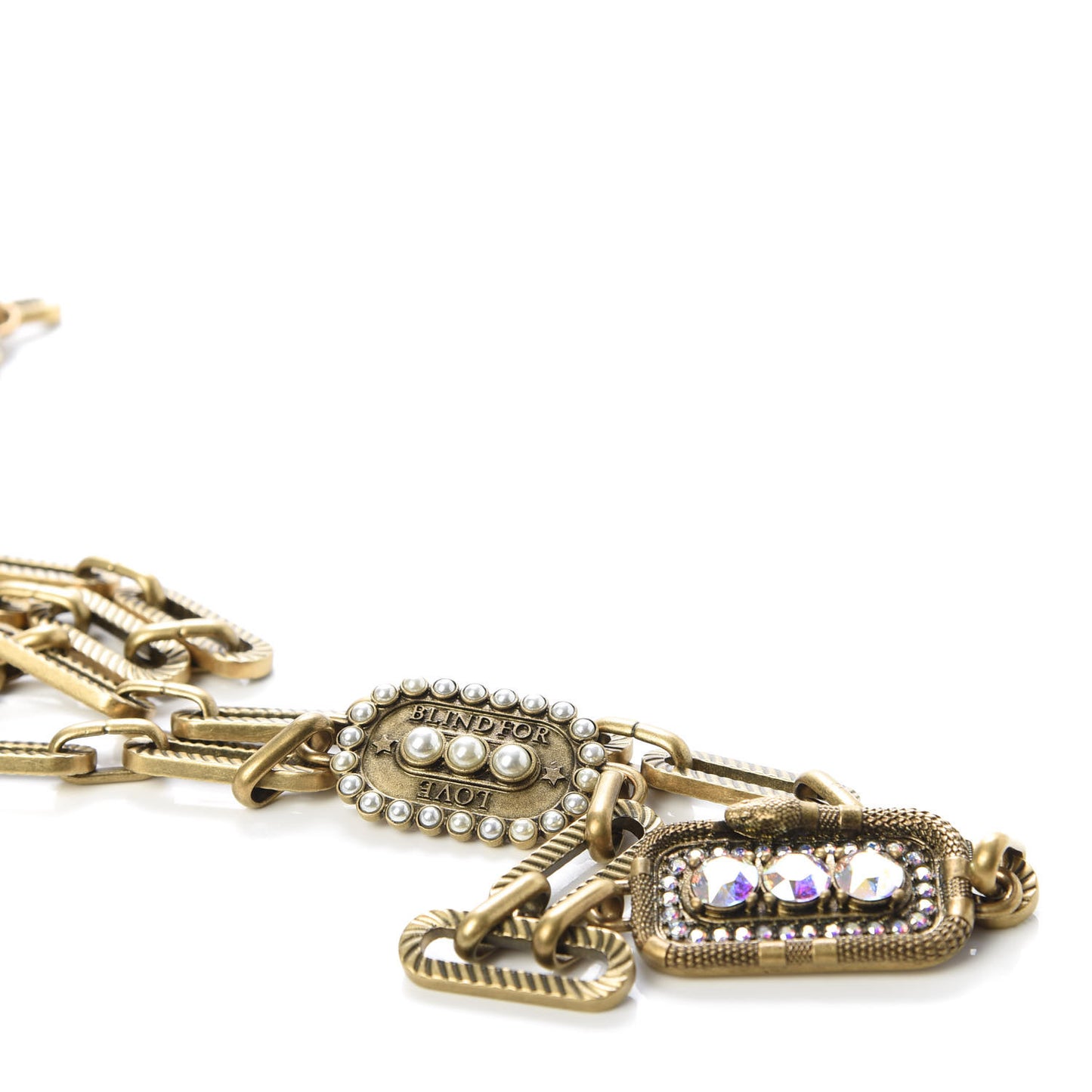 Metal Crystal Pearl Tiger Head Chain Belt Aged Gold