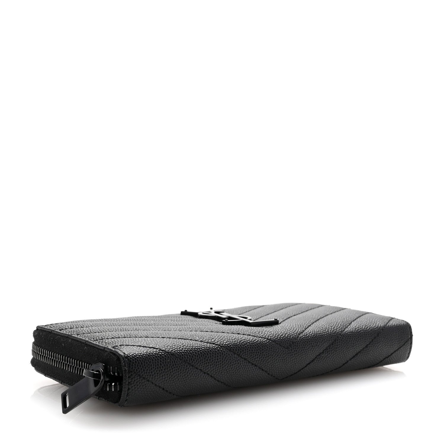 Saint Laurent Grain De Poudre Matelasse Chevron Monogram Monochrome Zip Around Wallet Black 4 of 9