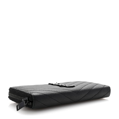 Saint Laurent Grain De Poudre Matelasse Chevron Monogram Monochrome Zip Around Wallet Black 4 of 9