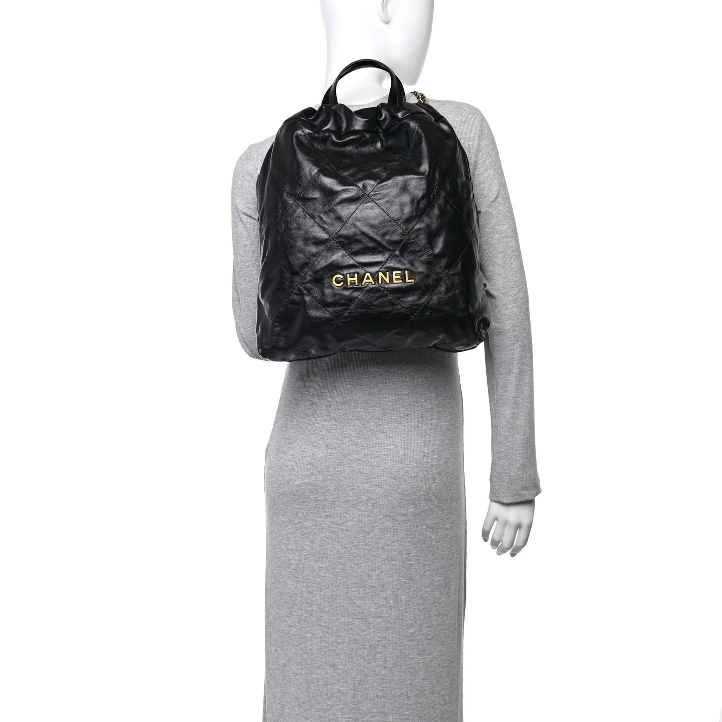 Shiny Calfskin Quilted Chanel 22 Backpack Black
