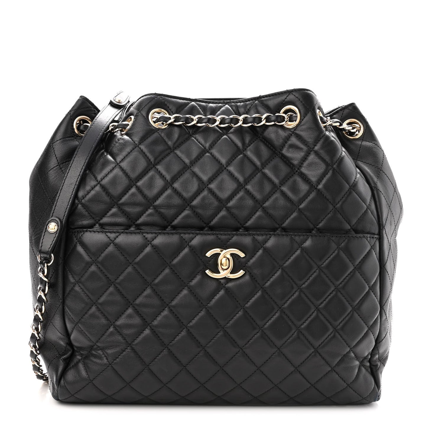 Lambskin Quilted Large Drawstring Bag Black