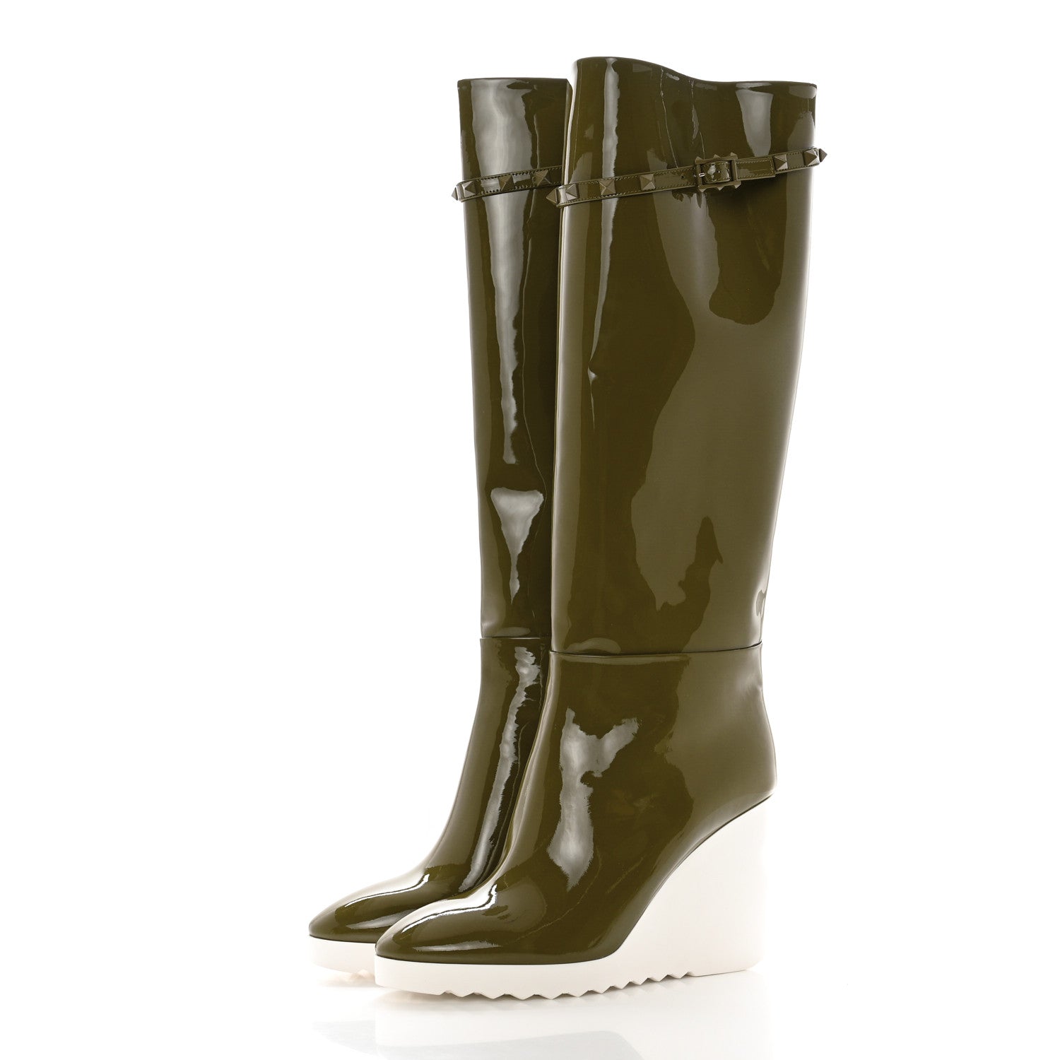Valentino Garavani Patent Rockstud Knee High 15/100mm Wedge Boots 38 Lichen White 3 of 9