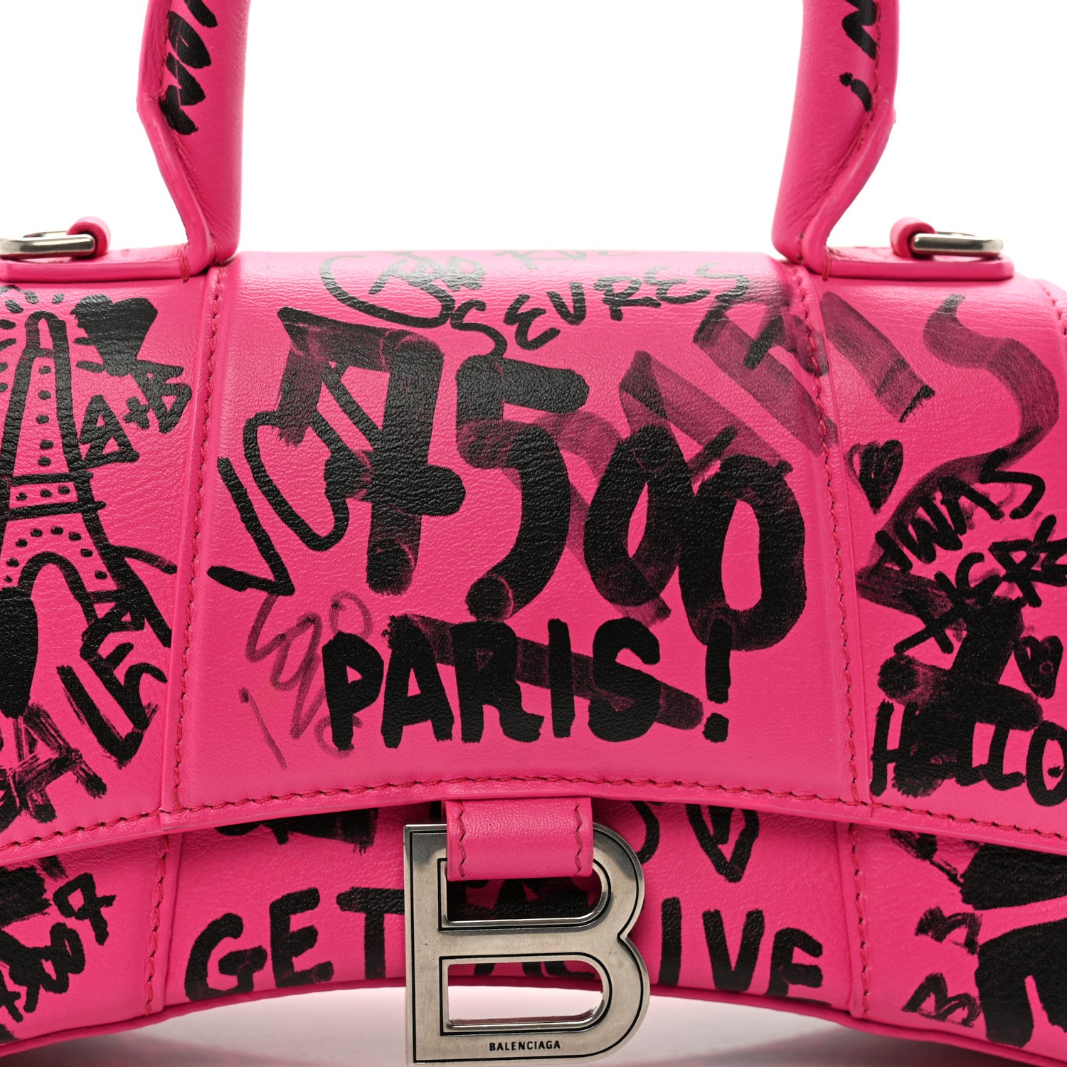 Balenciaga Smooth Calfskin Graffiti Hourglass Top Handle Bag XS Acid Fuchsia Black 7 of 9