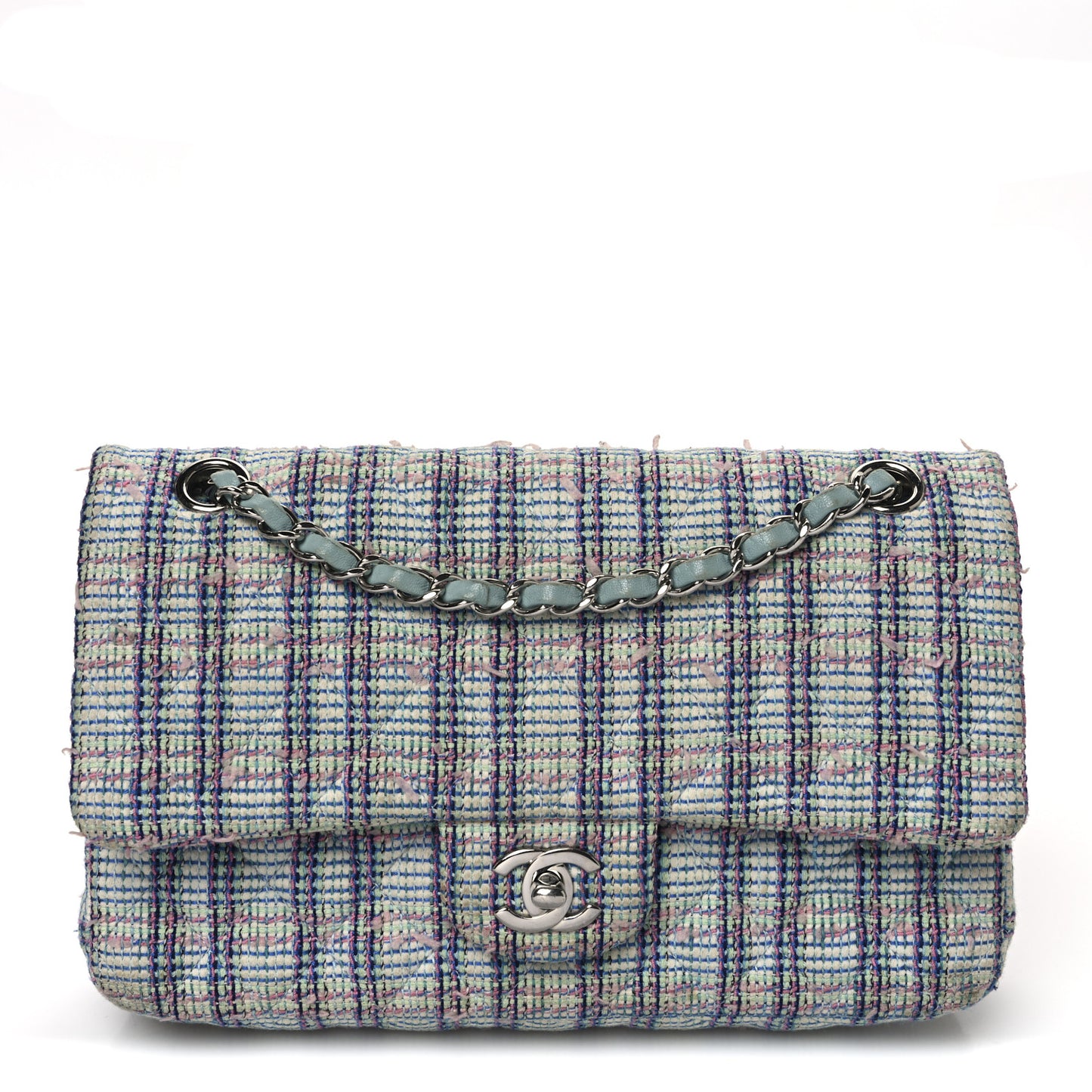 Tweed Quilted Medium Double Flap Blue White Pink Green
