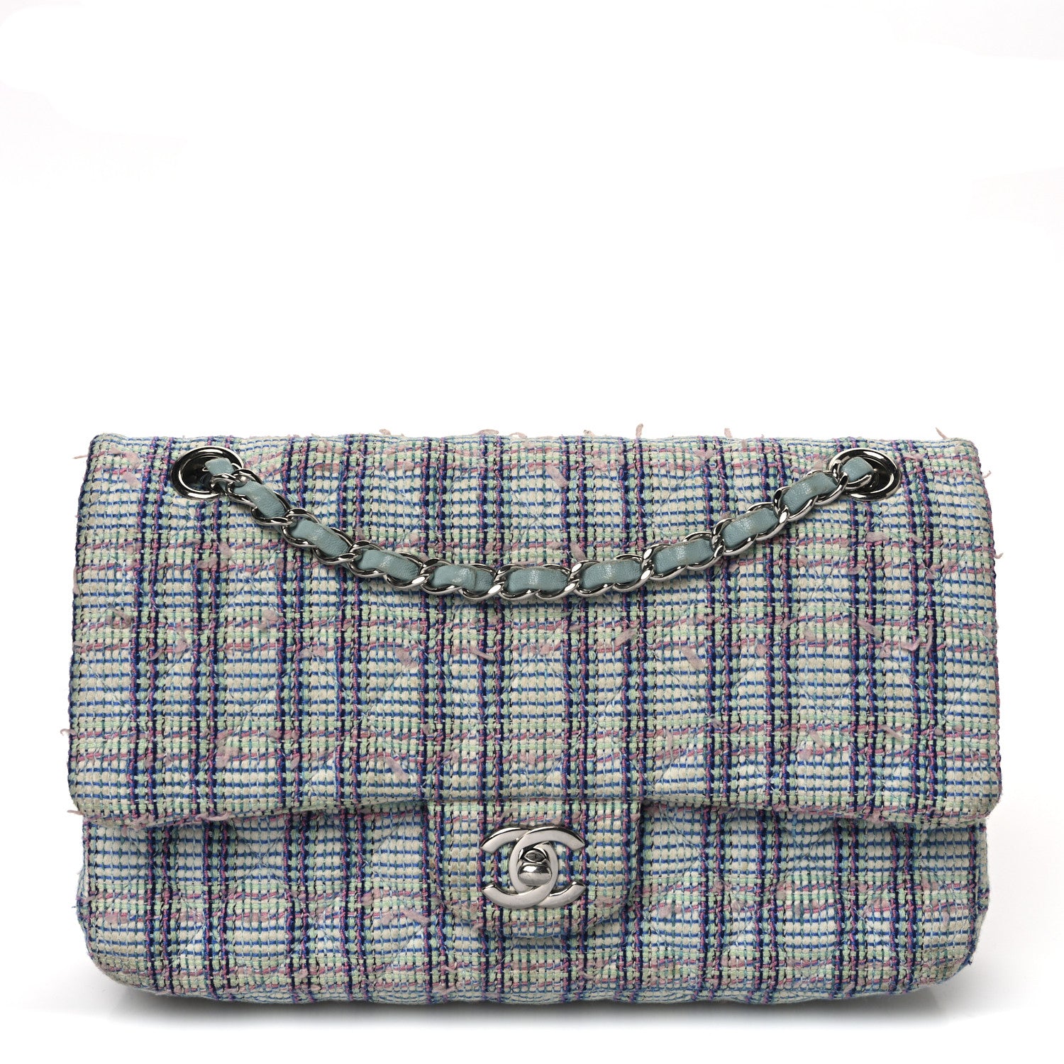 Chanel Tweed Quilted Medium Double Flap Blue White Pink Green 1 of 10