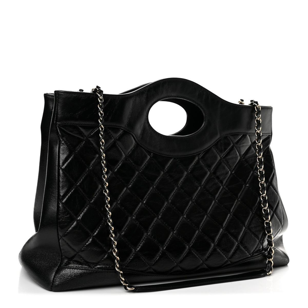 Shiny Lambskin Quilted Large 31 Shopping Bag Black