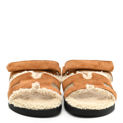 Hermes Suede Goatskin Woolskin Womens Chypre Sandals 37 Brun Fume Ecru 2 of 9