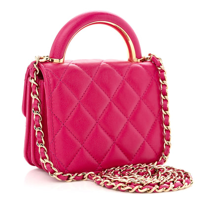 Chanel Lambskin Quilted Top Handle Flap Clutch With Chain Fuchsia 3 of 11