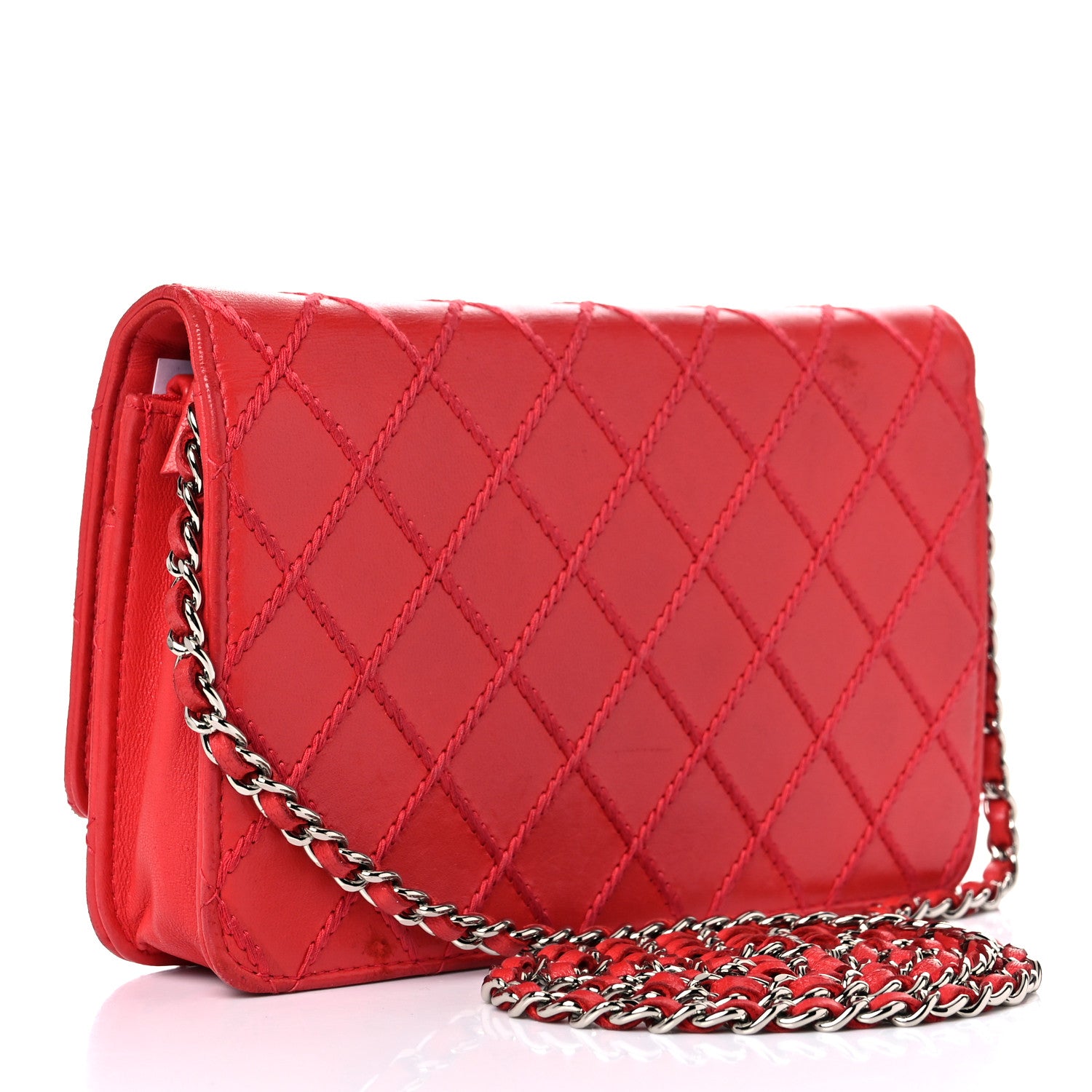 Chanel Calfskin Diamond Stitch Wallet On Chain WOC Red 3 of 17