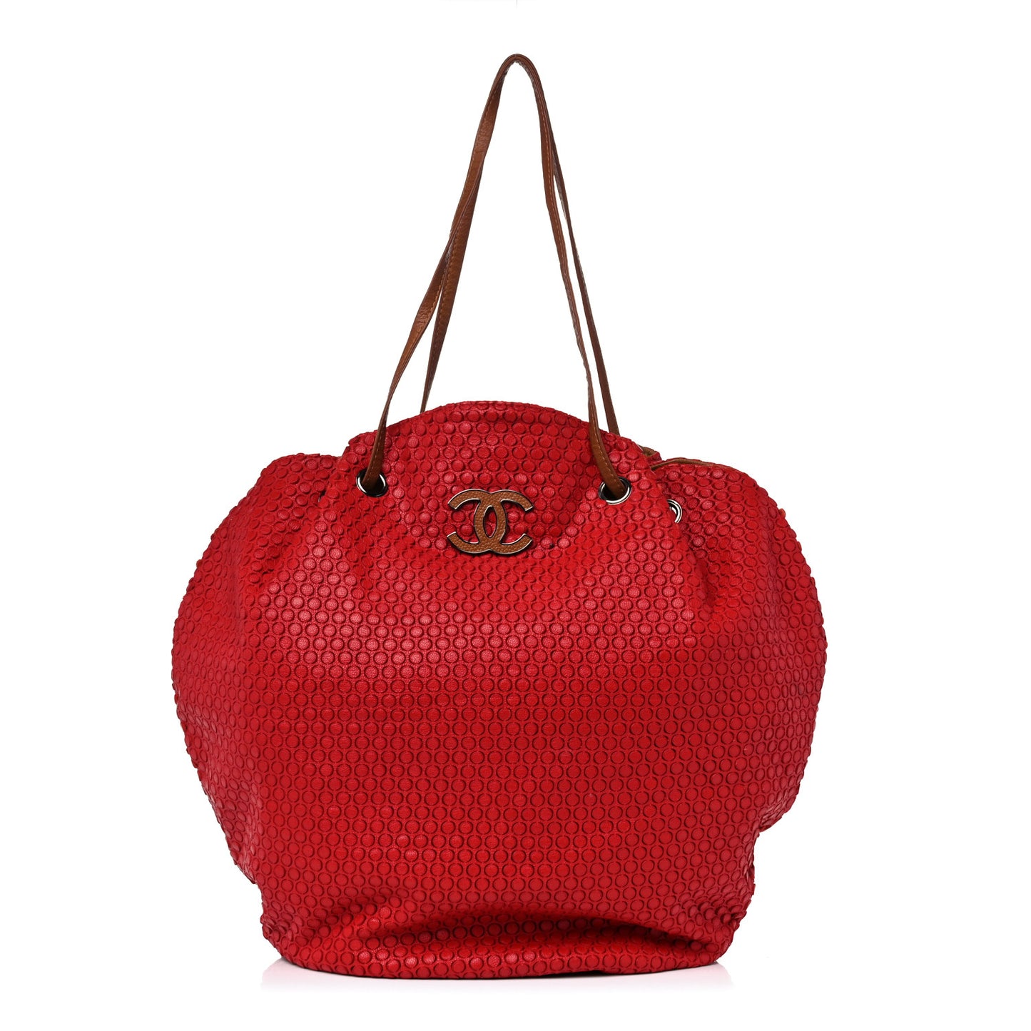 Perforated Calfskin Drawstring Tote Red