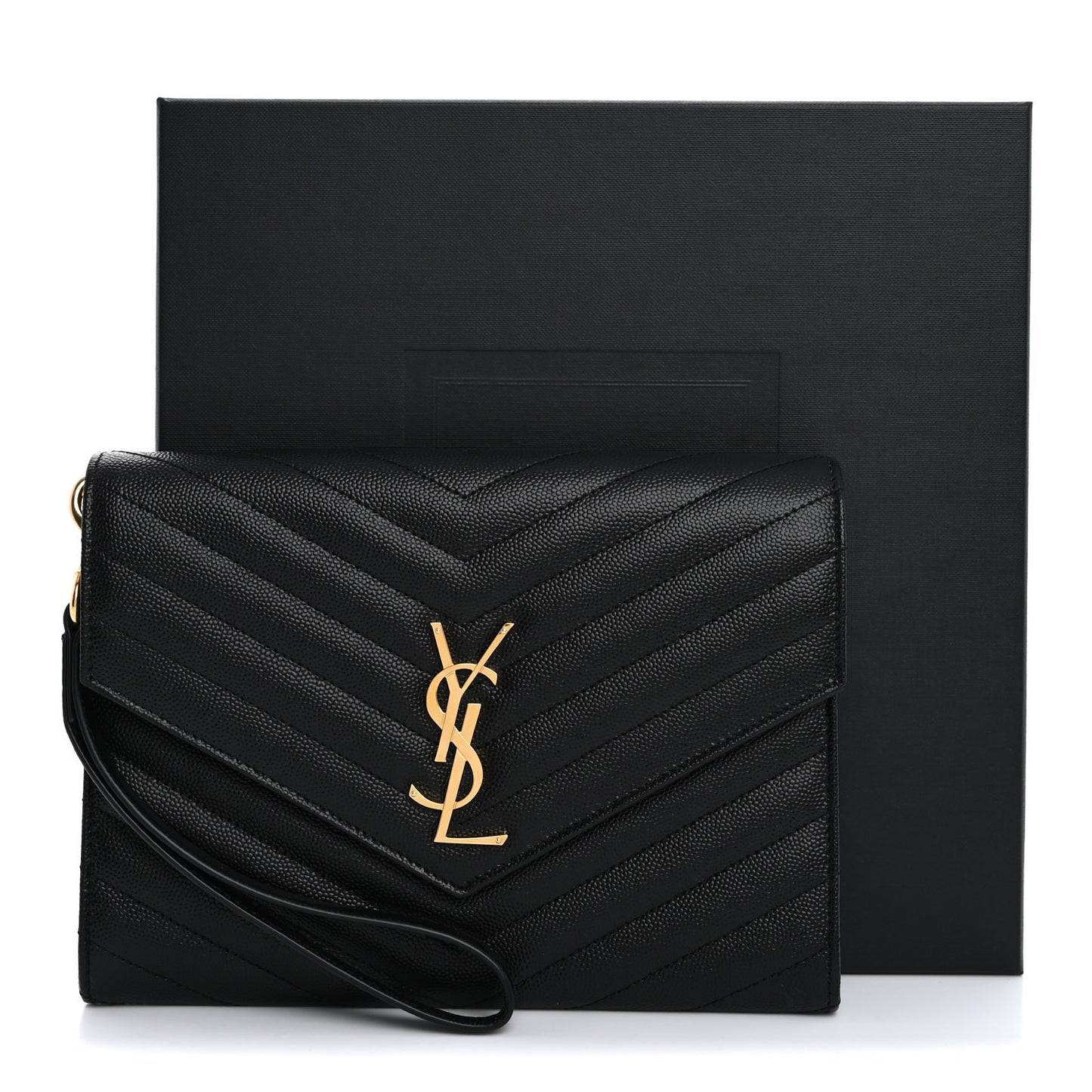 Grain De Poudre Matelasse Chevron Monogram Envelope Clutch Black