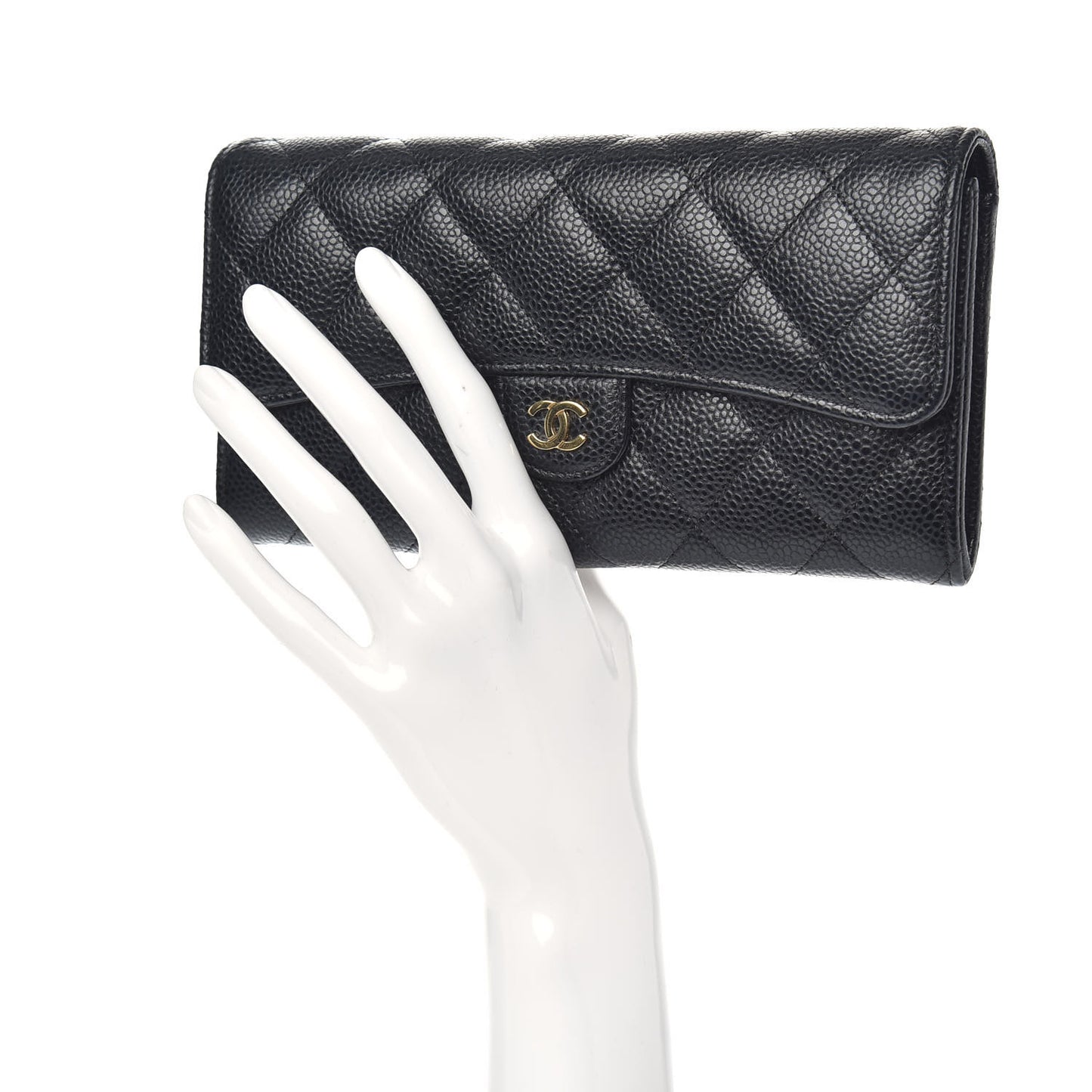 Caviar Quilted Large Gusset Flap Wallet Black