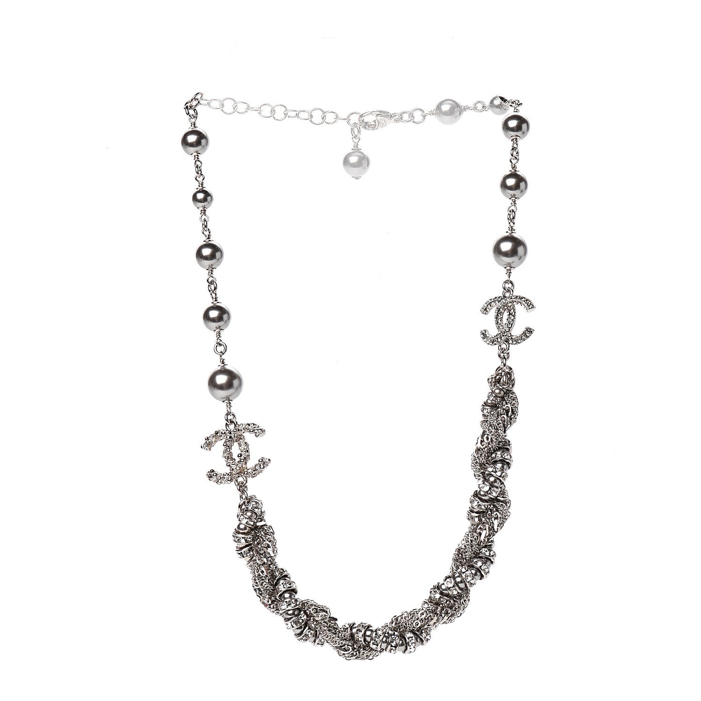 Pearl Crystal Chain CC Necklace Silver