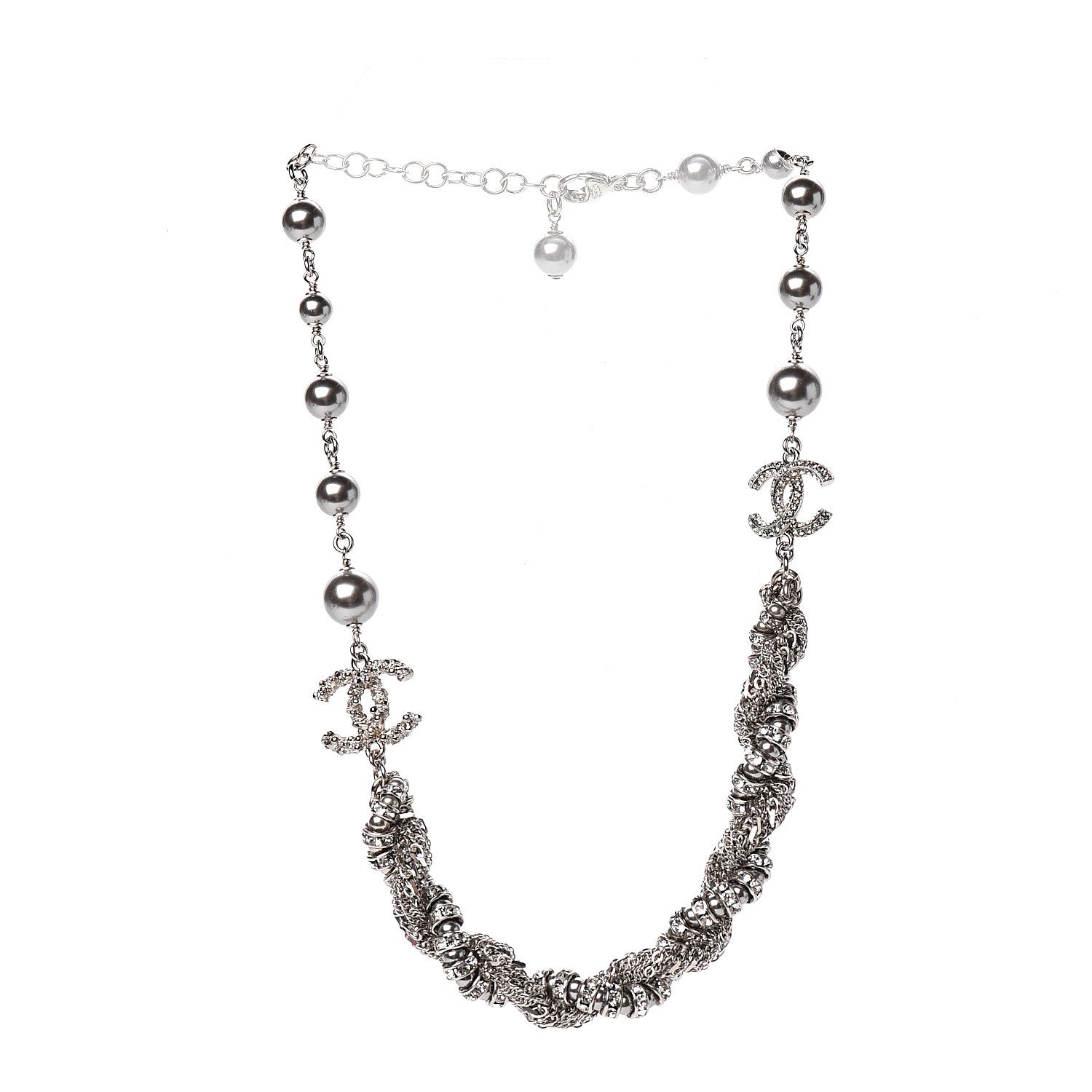 Chanel Pearl Crystal Chain CC Necklace Silver 2 of 3