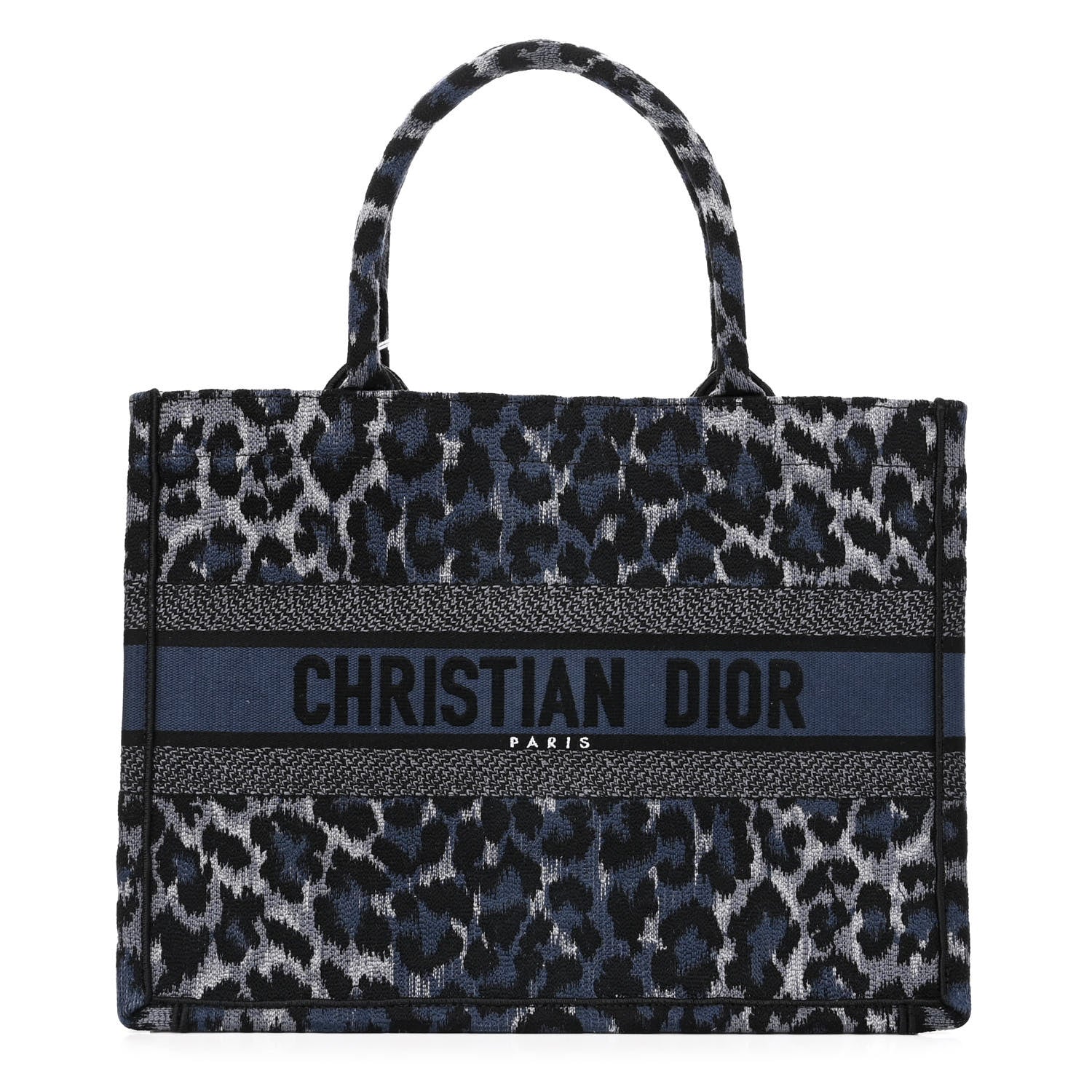 Christian Dior Canvas Mizza Embroidered Medium Leopard Book Tote Blue 1 of 11