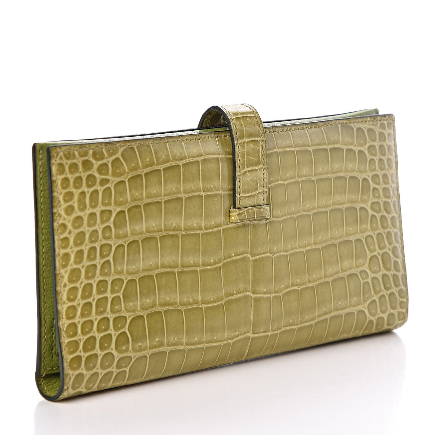 Shiny Porosus Crocodile 18K Gold Diamond Bearn Wallet Vert Anis