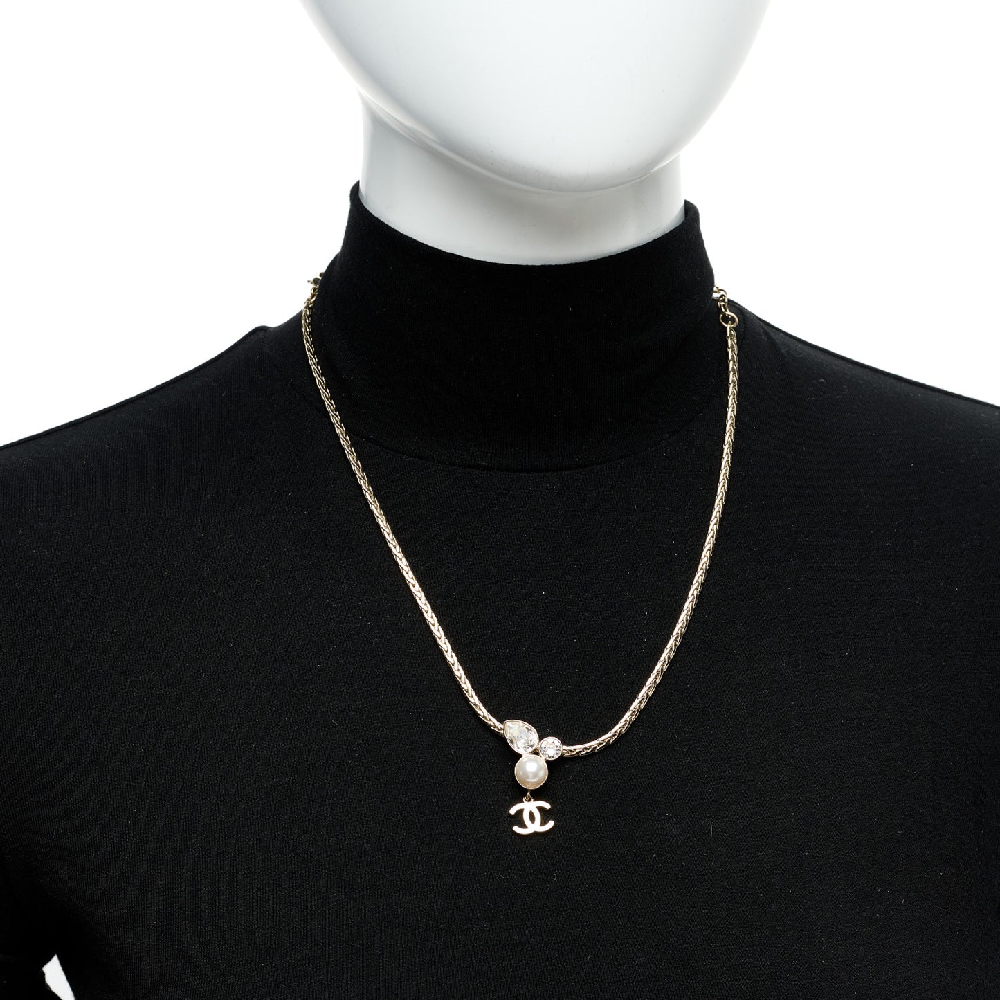Crystal Pearl CC Drop Necklace Gold