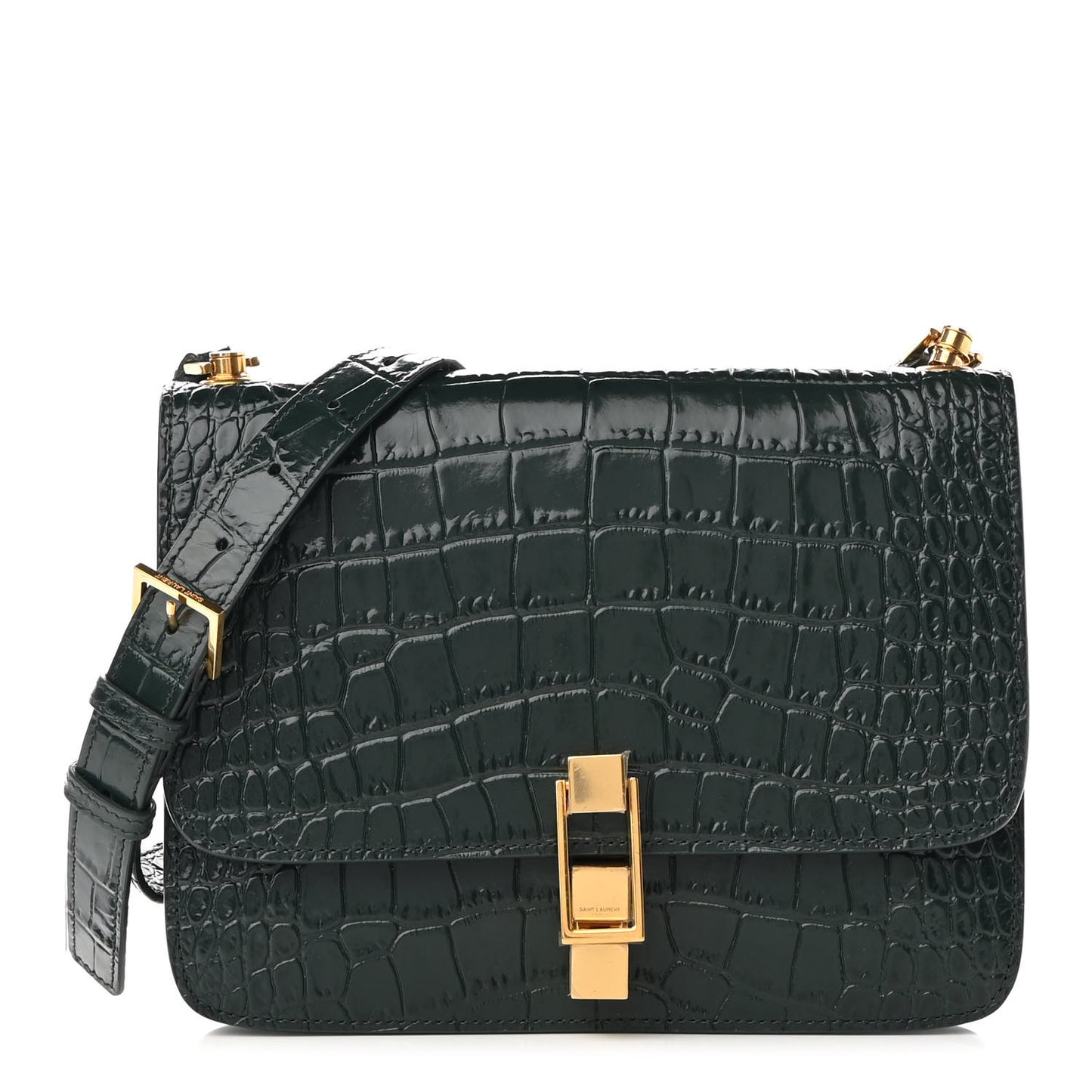 Calfskin Crocodile Embossed Carre Satchel Dark Mint
