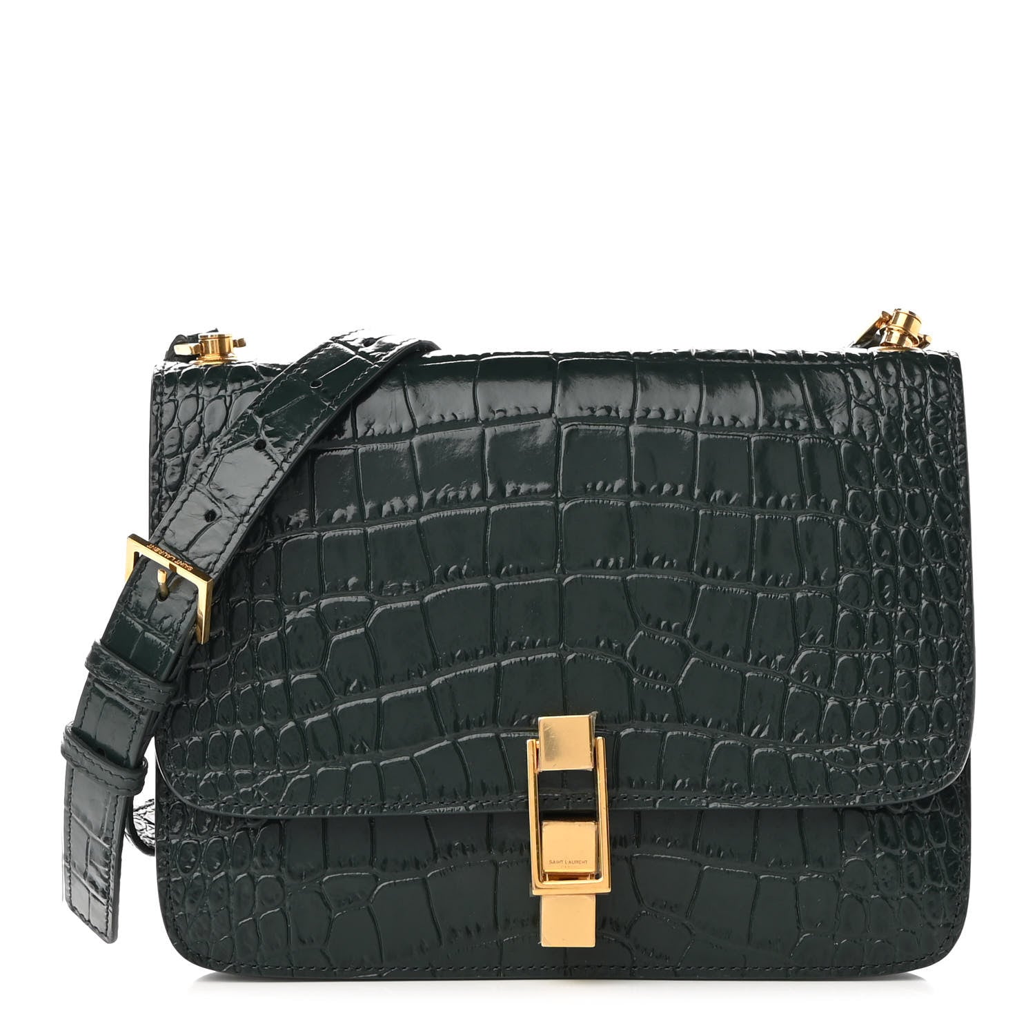 Saint Laurent Calfskin Crocodile Embossed Carre Satchel Dark Mint 1 of 9
