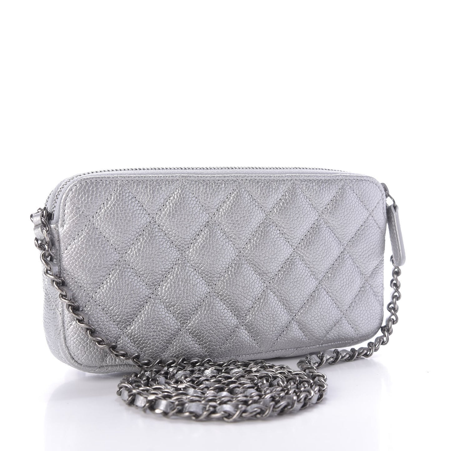 Metallic Caviar Quilted Small Clutch With Chain Silver