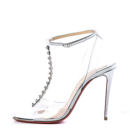 Christian Louboutin PVC Spiked Jamais Assez 100 T-Strap Sandals 38.5 Silver 1 of 9