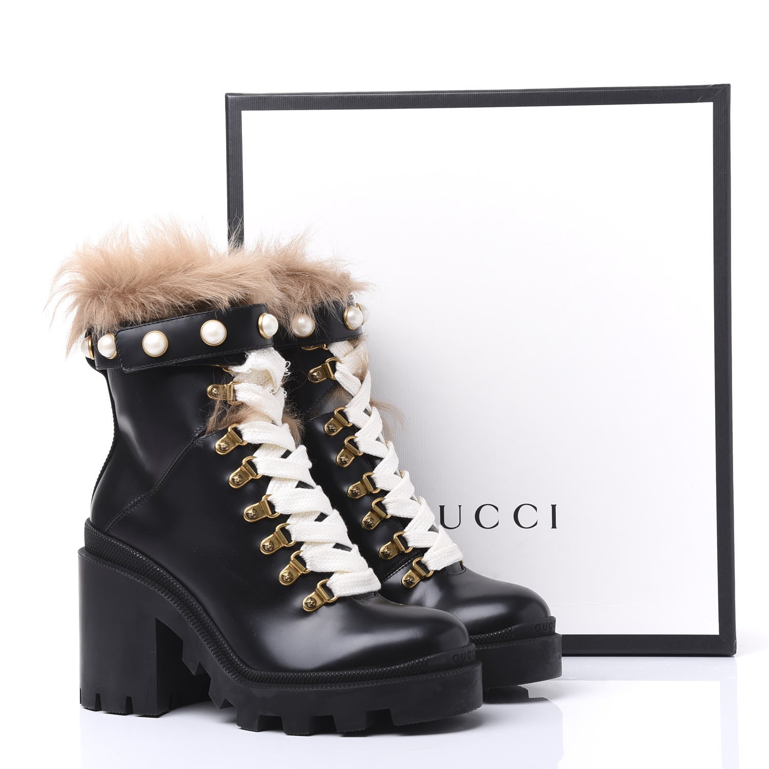 Gucci Magnum Calfskin Fur Pearl Lace Up Combat Ankle Boots 37 Black Naturale 8 of 8
