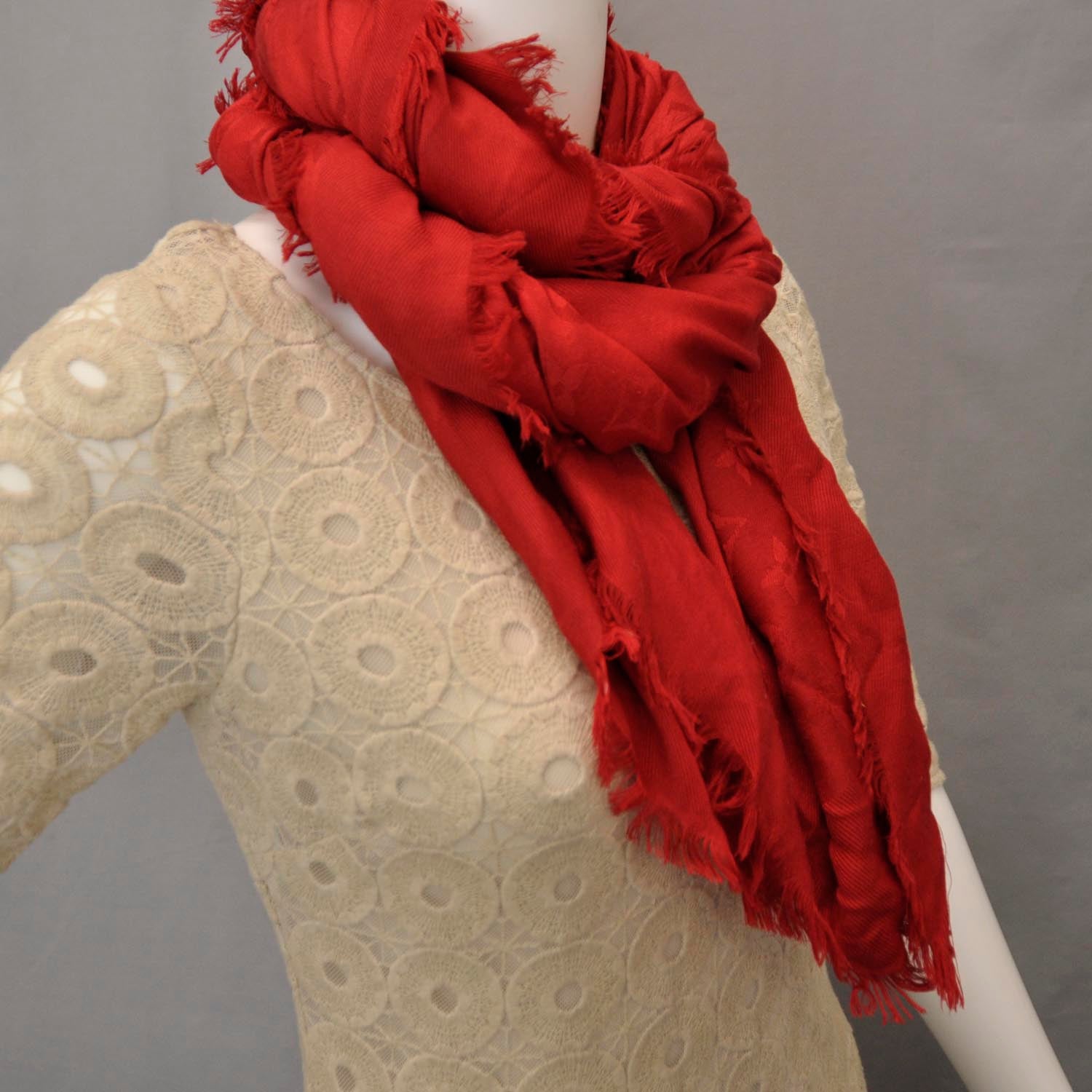 Louis Vuitton Wool Silk Monogram Shawl Rouge 2 of 4
