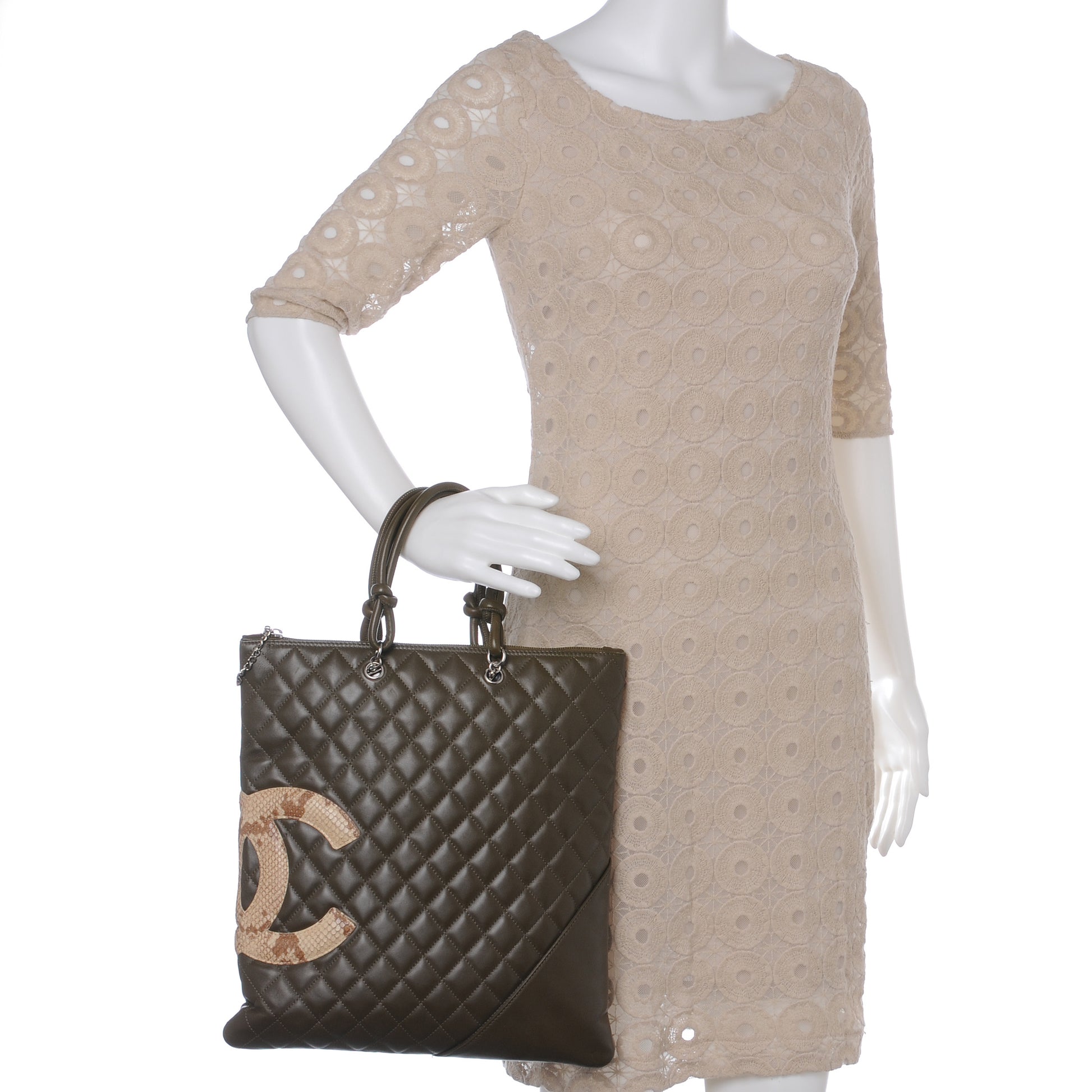 Chanel Calfskin Python Quilted Cambon Flat Tote Khaki 1 of 7