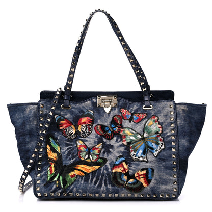 Valentino Garavani Denim Butterfly Embroidered Medium Rockstud Tote Light Denim Multicolor 1 of 10