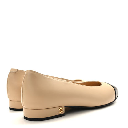 Chanel Lambskin Cap Toe CC Uniform Ballerina Flats 37.5 Beige Black 4 of 9