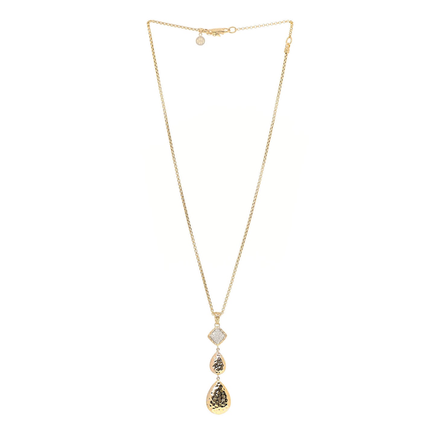 18K Yellow Gold Diamond Hammered Drop Pendant Necklace