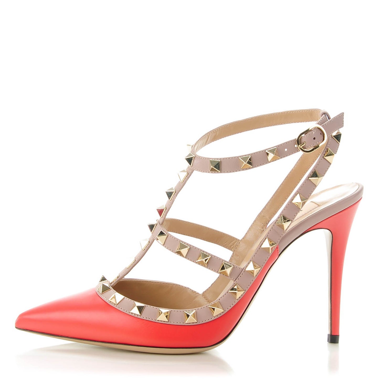 Calfskin Nappa Rockstud Ankle Strap 100mm Pumps 38.5 Deep Coral Poudre