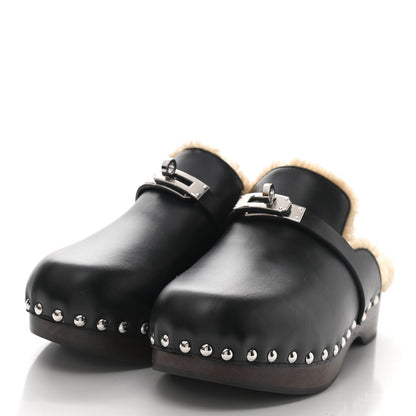 Hermes Calfskin Woolskin Carlotta Mules 36 Black 3 of 9