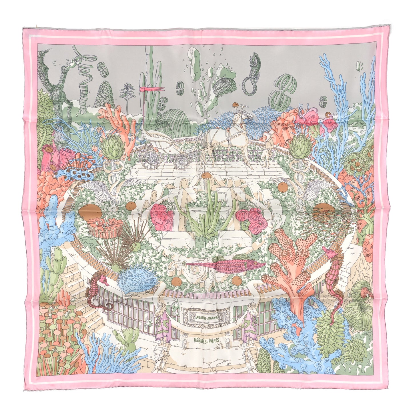 Silk Vintage Ex Libris Atlantis Scarf 70 Gris Perle Rose Pale