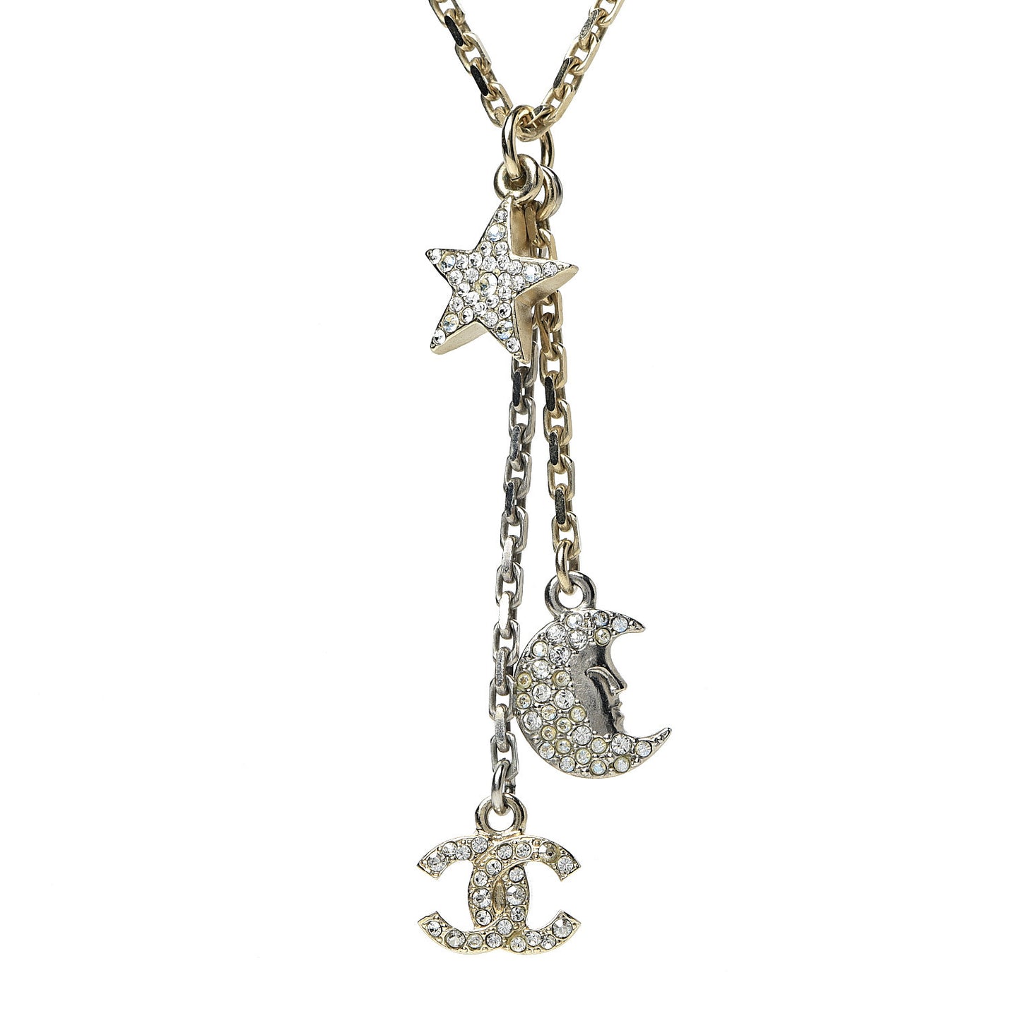 Crystal Pearl CC Moon Star Drop Necklace Gold