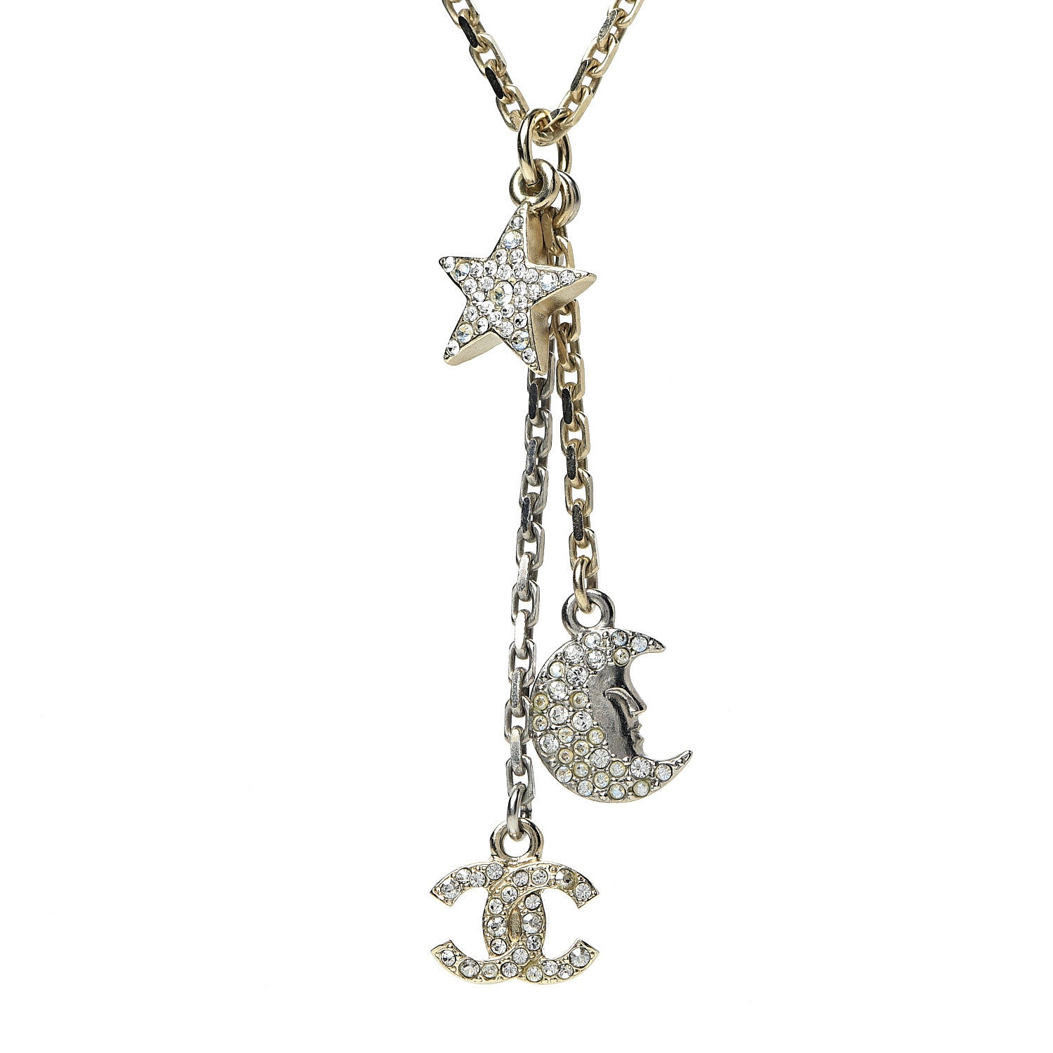Chanel Crystal Pearl CC Moon Star Drop Necklace Gold 5 of 6