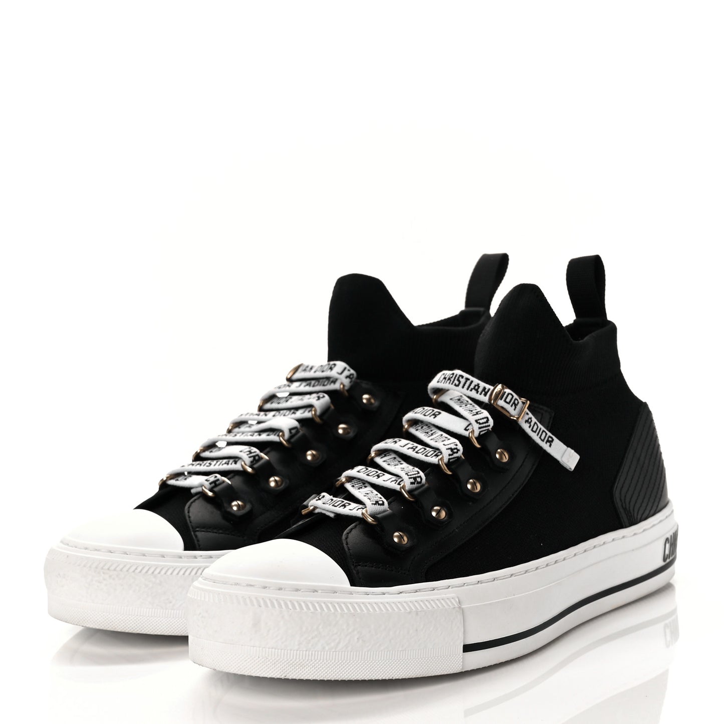 Technical Knit Calfskin Womens Walk'N'Dior High Top Sneakers 38.5 Black