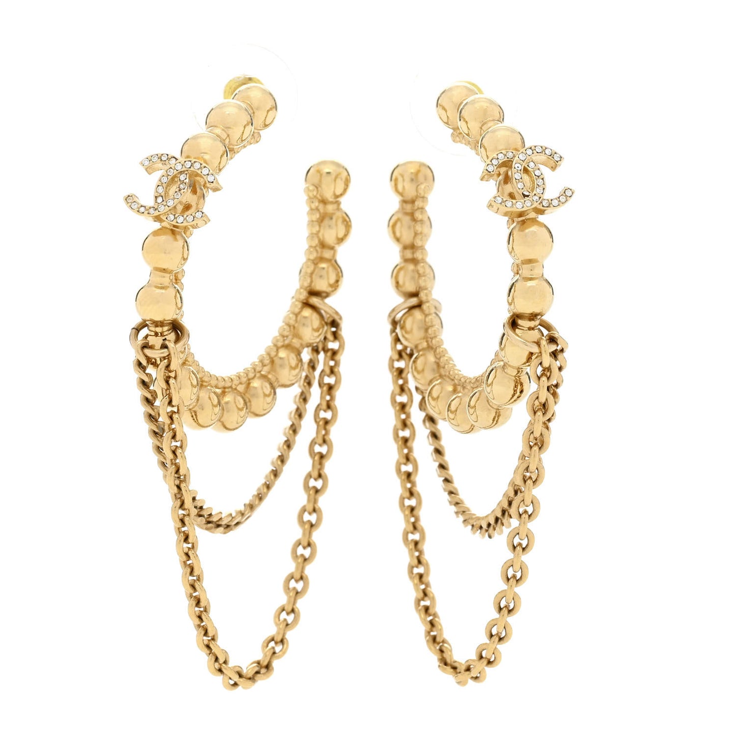 Metal Crystal Bead Chain CC Hoop Earrings Gold