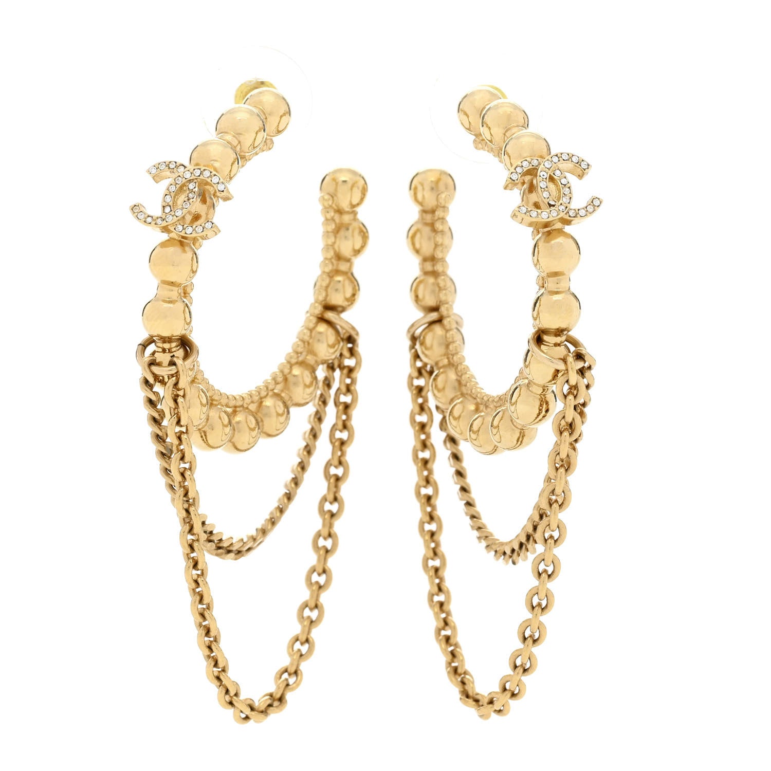Chanel Metal Crystal Bead Chain CC Hoop Earrings Gold 1 of 5