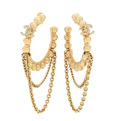 Chanel Metal Crystal Bead Chain CC Hoop Earrings Gold 1 of 5