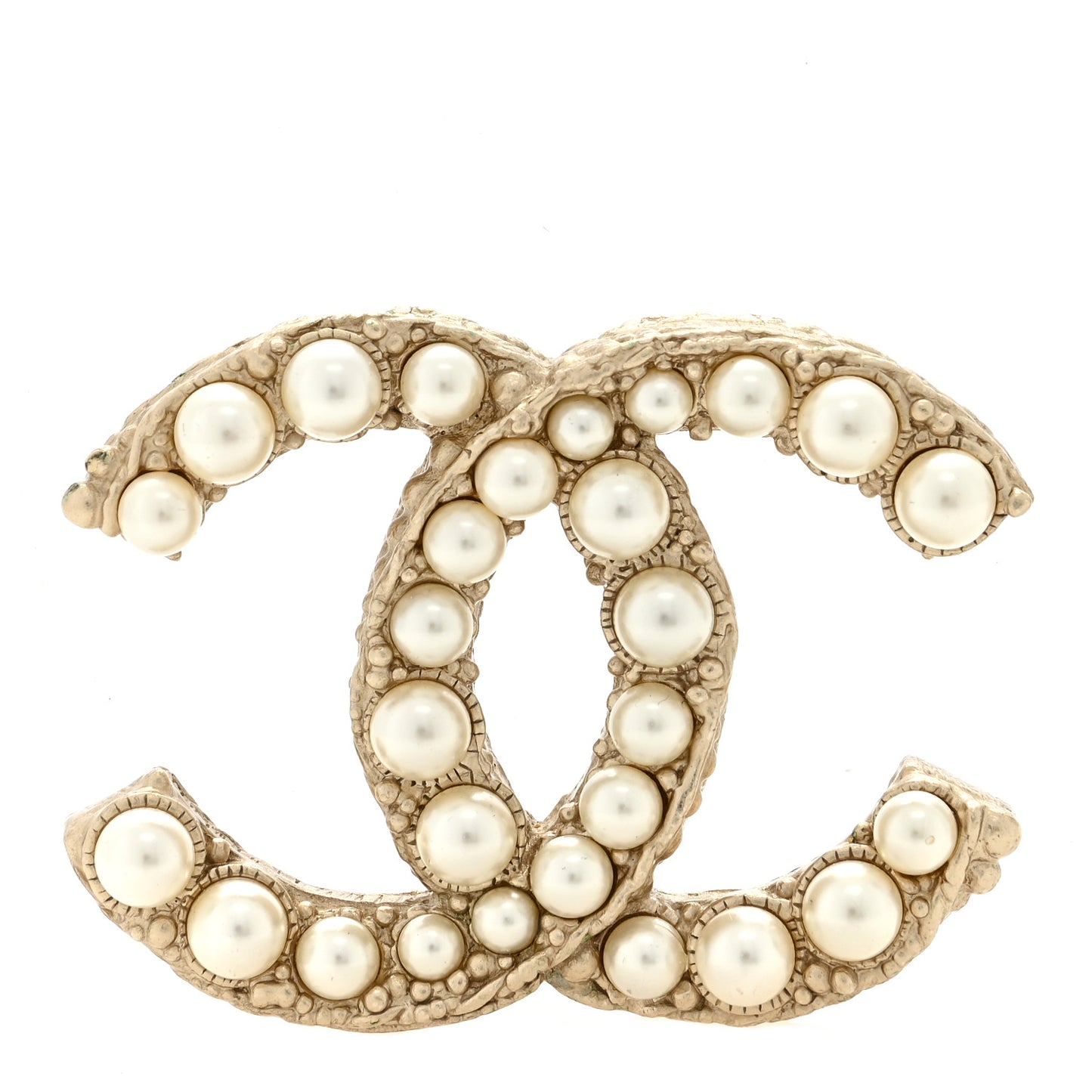 Metal Pearl Studded CC Brooch Gold
