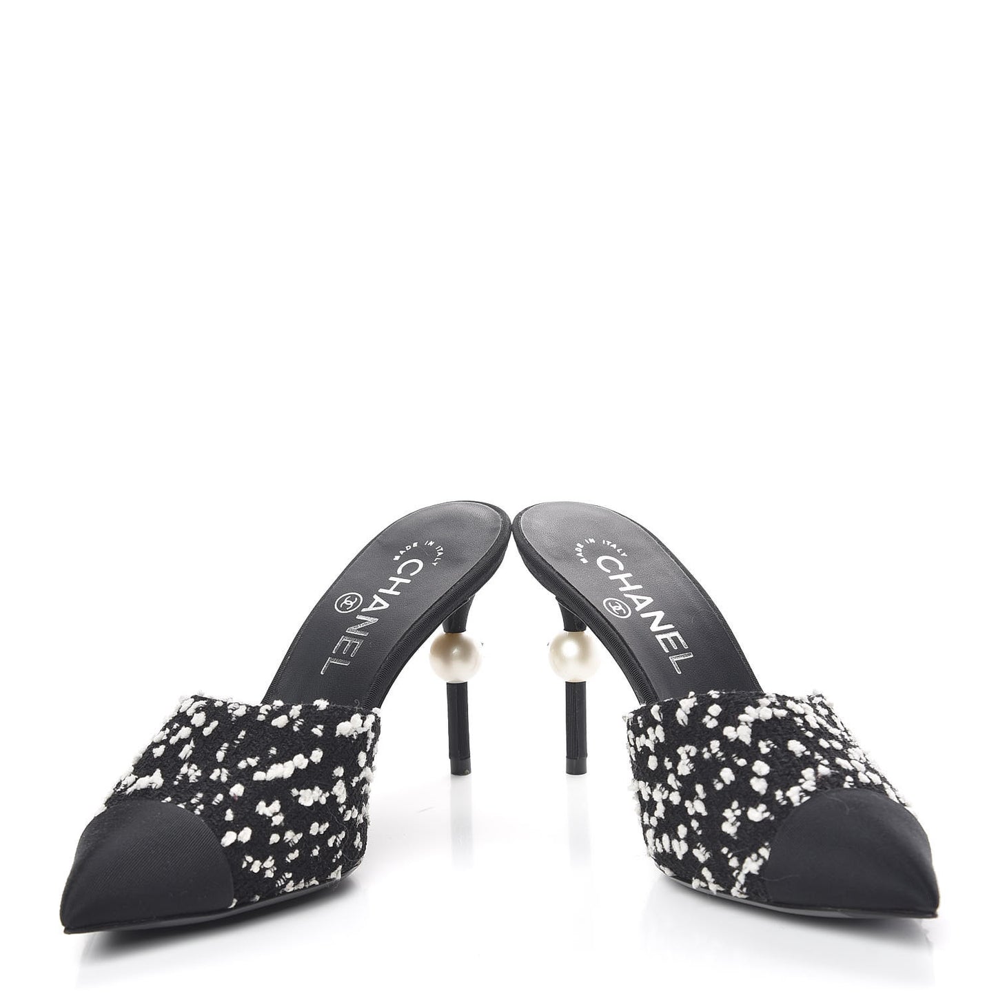 Tweed Grosgrain Pearl Mules 37 Black White