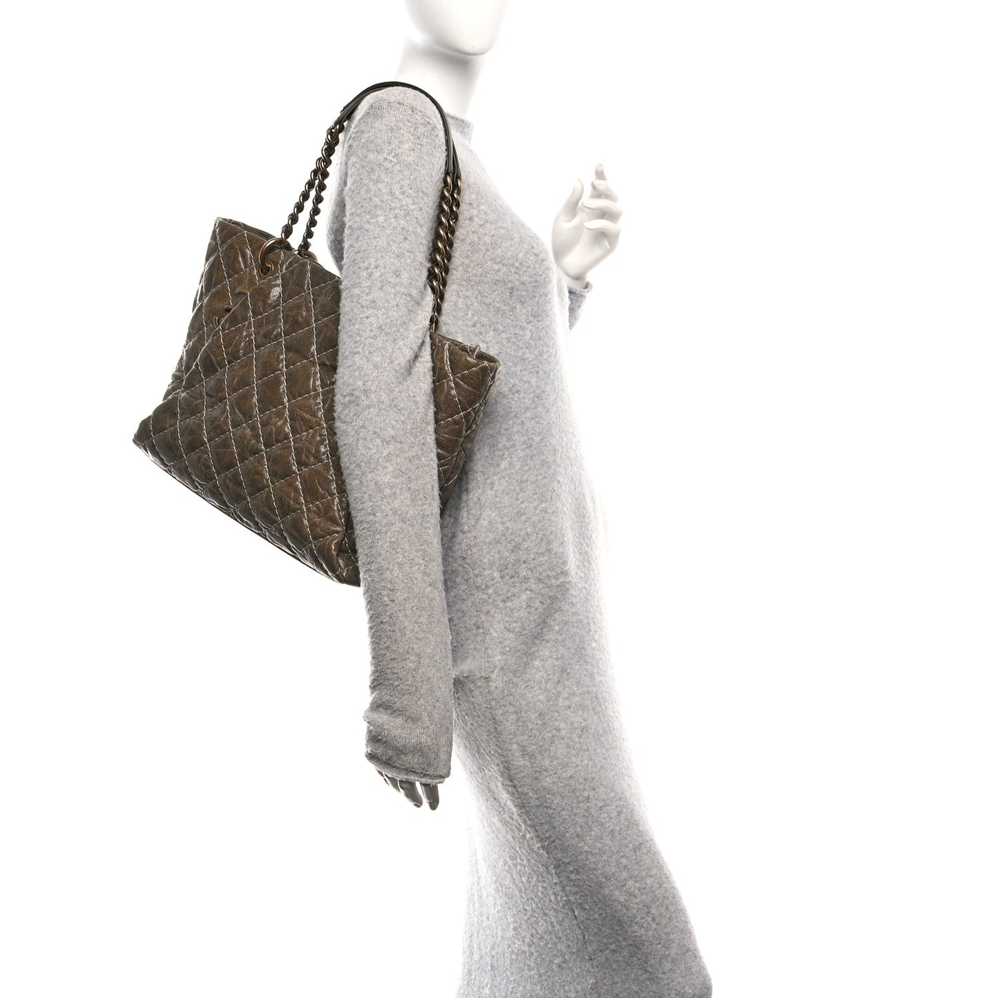 Crumpled Grained Calfskin Large Coco Pleats Tote Khaki