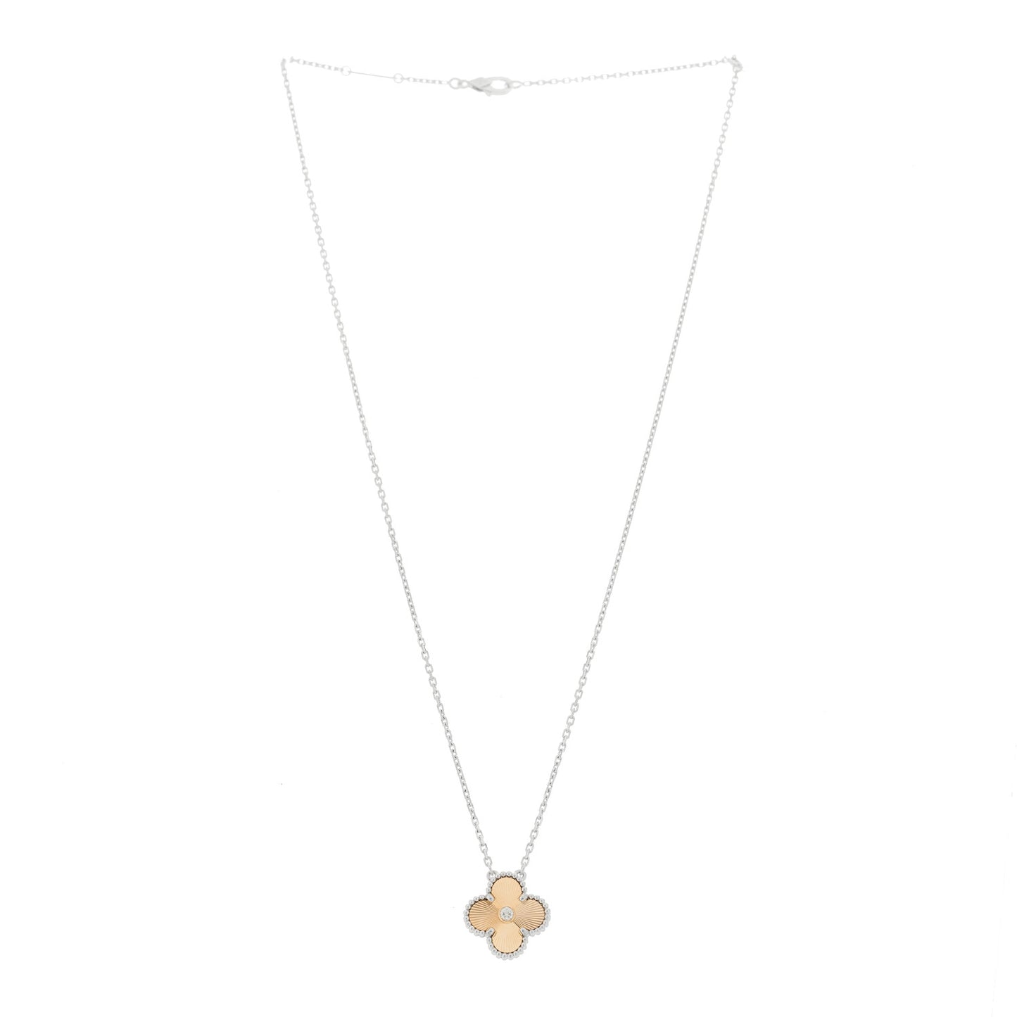 18K White Rose Gold Diamond Guilloche Vintage Alhambra Pendant Necklace