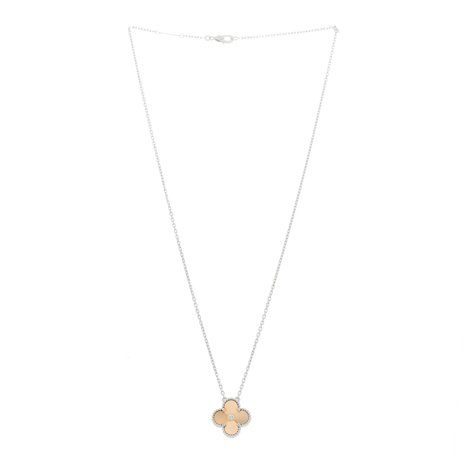 Van Cleef & Arpels 18K White Rose Gold Diamond Guilloche Vintage Alhambra Pendant Necklace 1 of 6