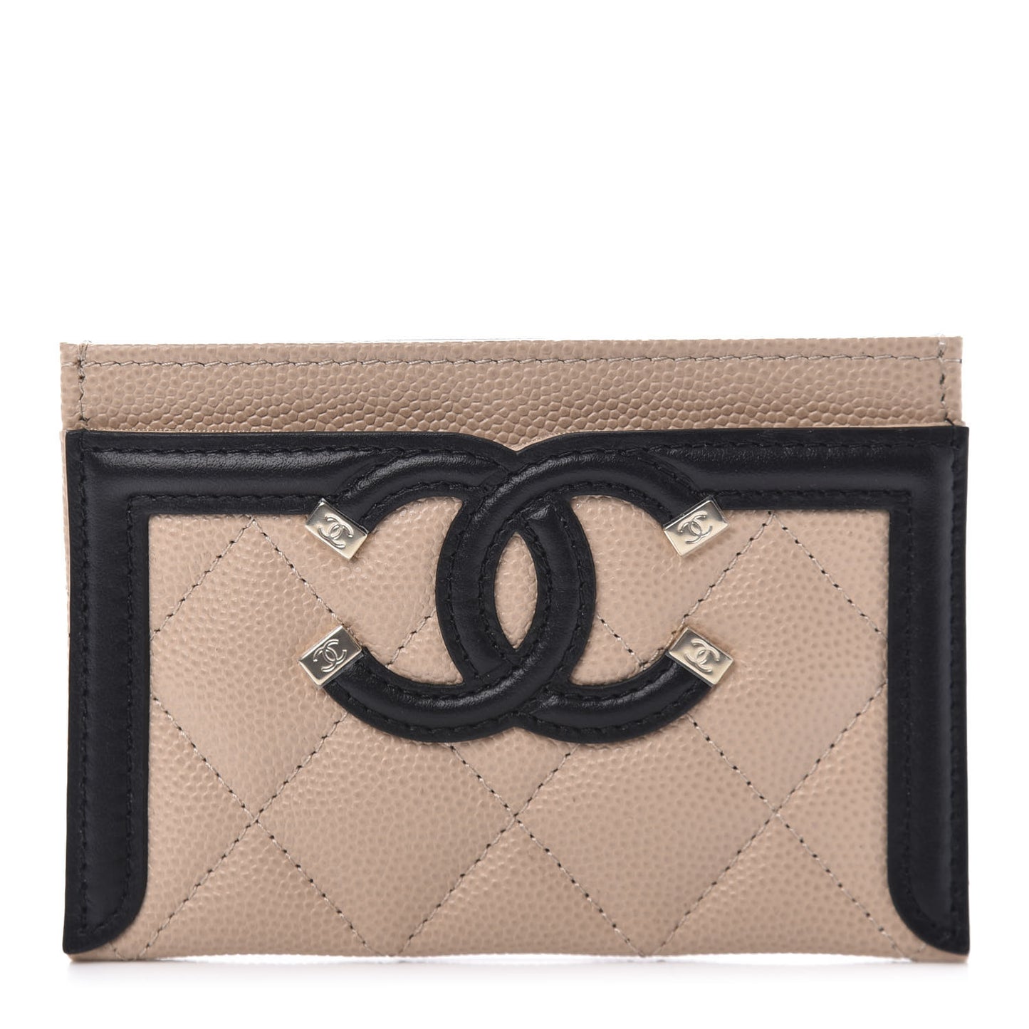 Caviar Quilted Filigree Card Holder Beige Black